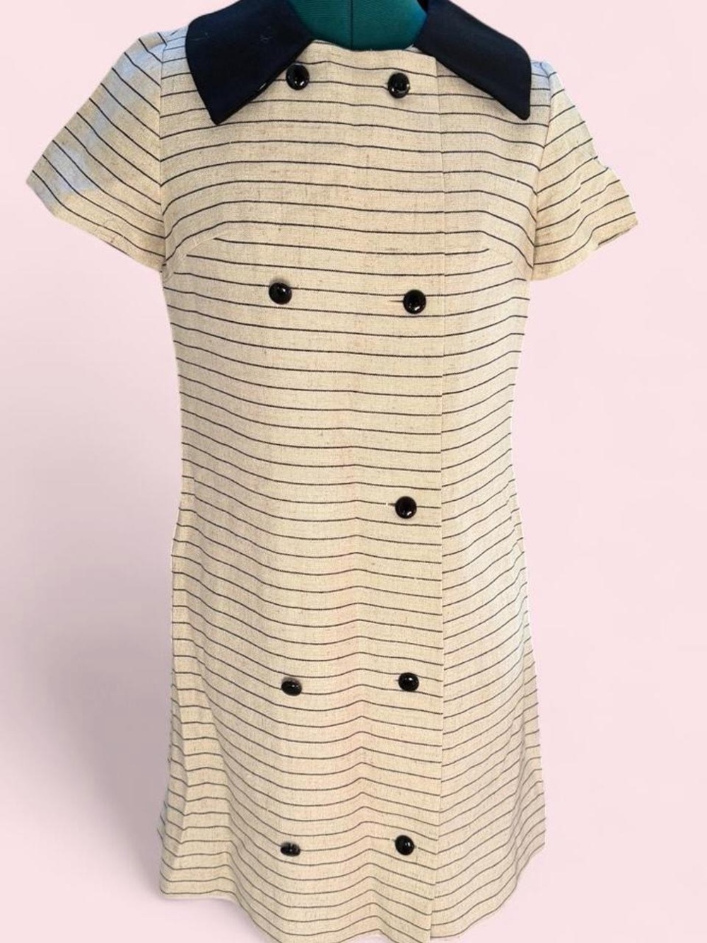 Vintage 1950s Striped Cream Shift Dress with Black Collar